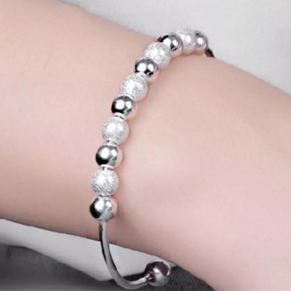 Silver Beaded Bangle Bracelet Adjustable Loose Fit Elegant Dainty Bracelets - Picture 6 of 16